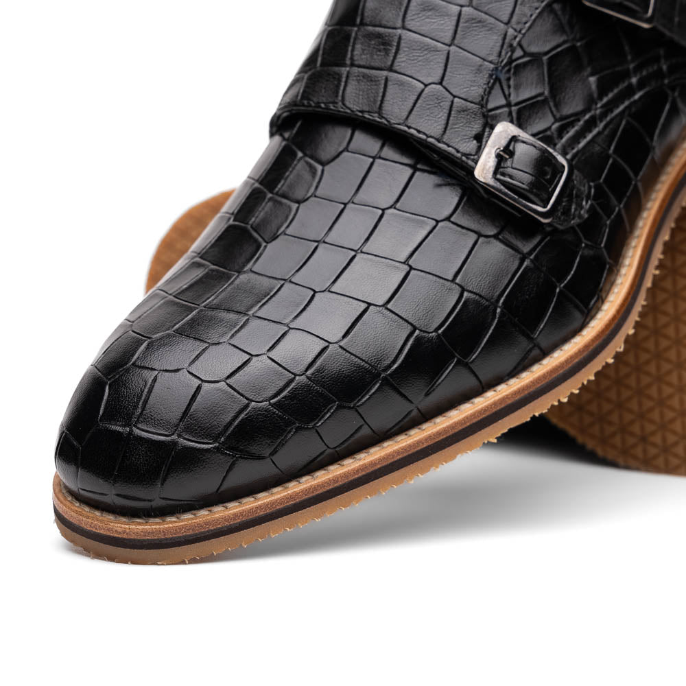 LEGERRA Hand Burnished Crocodile Print Monkstrap | Black