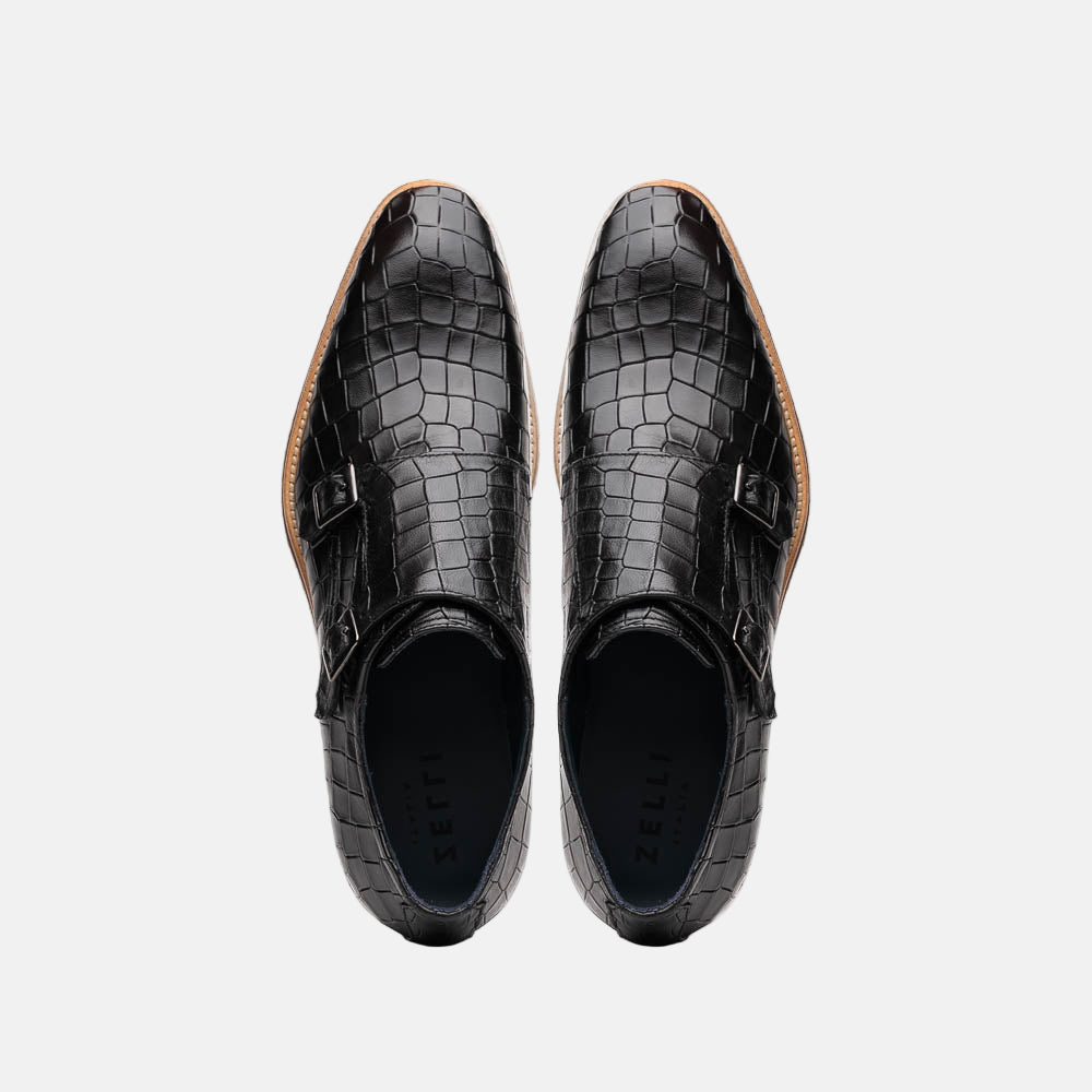 LEGERRA Hand Burnished Crocodile Print Monkstrap | Black