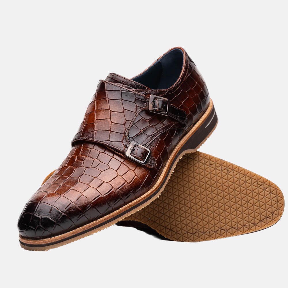 Legerra Hand Burnished Crocodile Print Monkstrap | Cognac