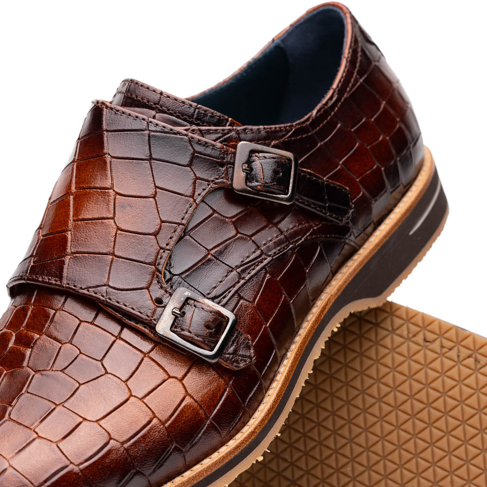Legerra Hand Burnished Crocodile Print Monkstrap | Cognac