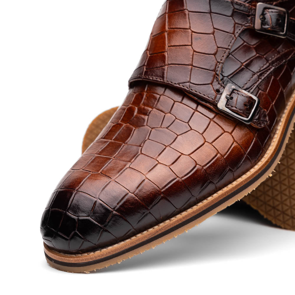 Legerra Hand Burnished Crocodile Print Monkstrap | Cognac