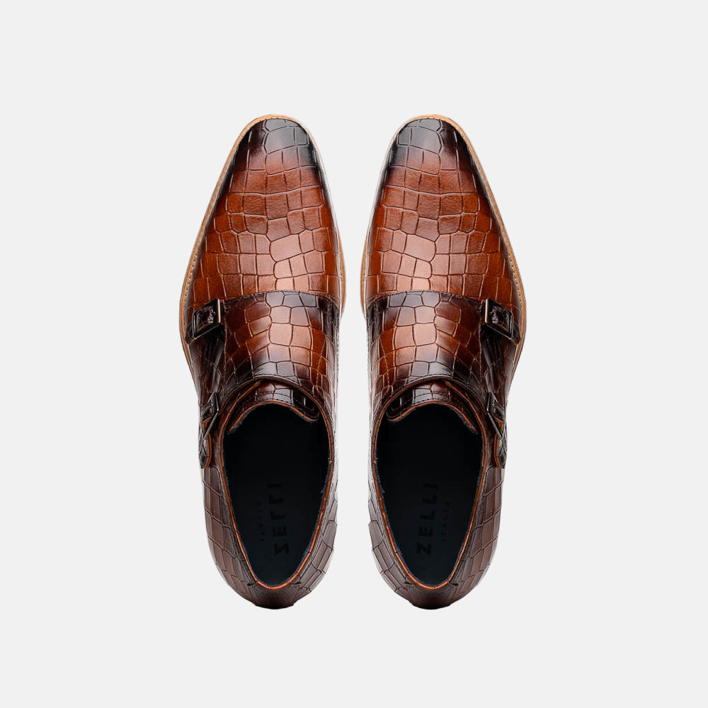 Legerra Hand Burnished Crocodile Print Monkstrap | Cognac