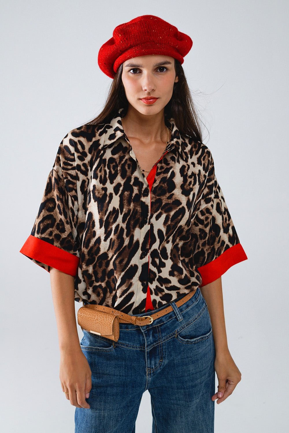 Leopard 3/4 Sleeves Shirt wIth Red Details