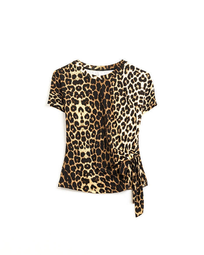 Leopard Print Spandex T-Shirt with Bow Detail