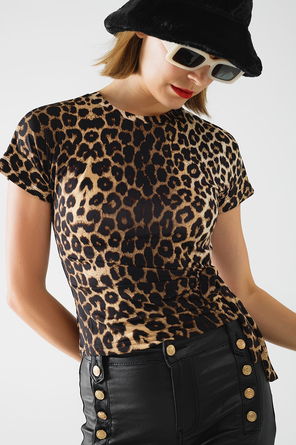 Leopard Print Spandex T-Shirt with Bow Detail