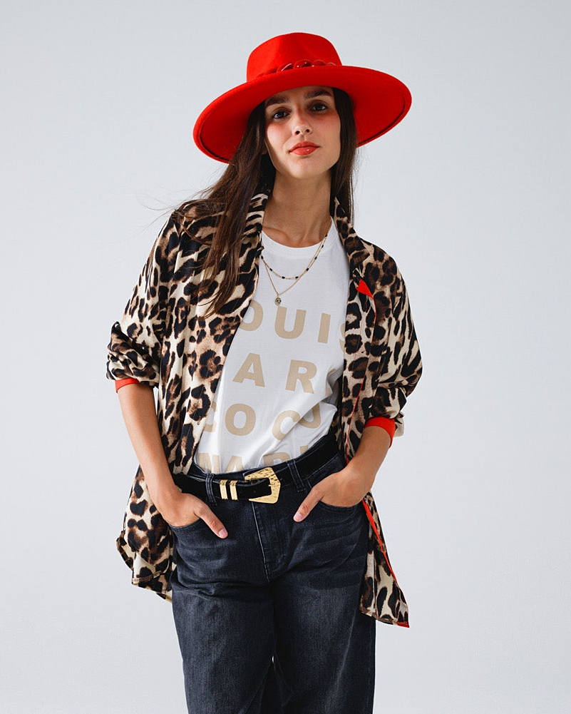 Leopard Shirt wIth Red Button Placket and Red Sleeves Detail