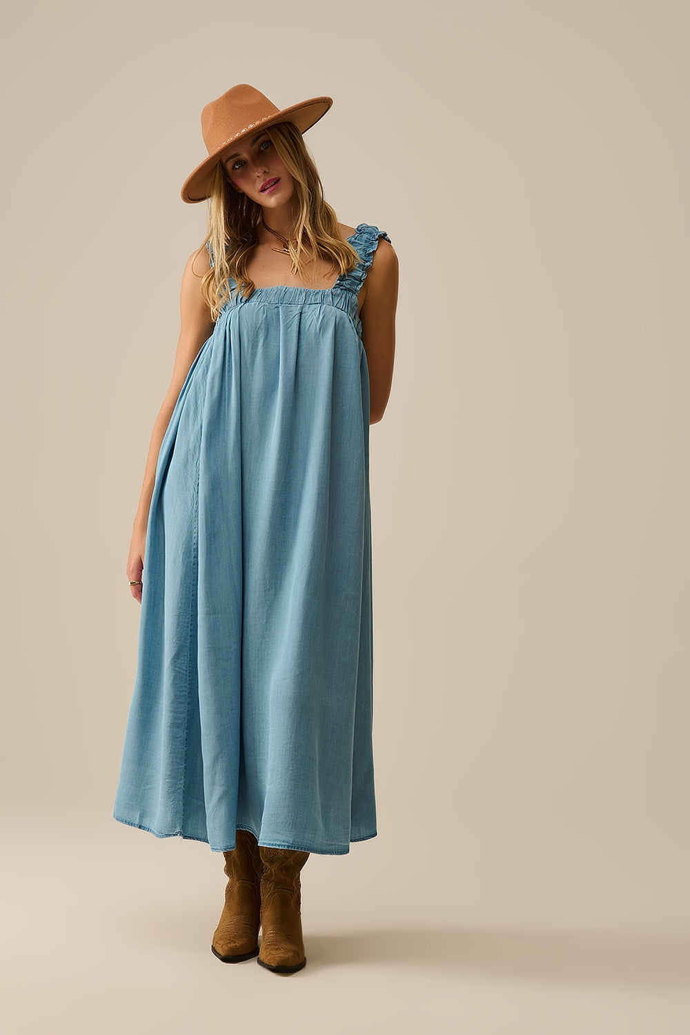 Light Blue Maxi Dress with Ruffled Straps in Tencel Fabric