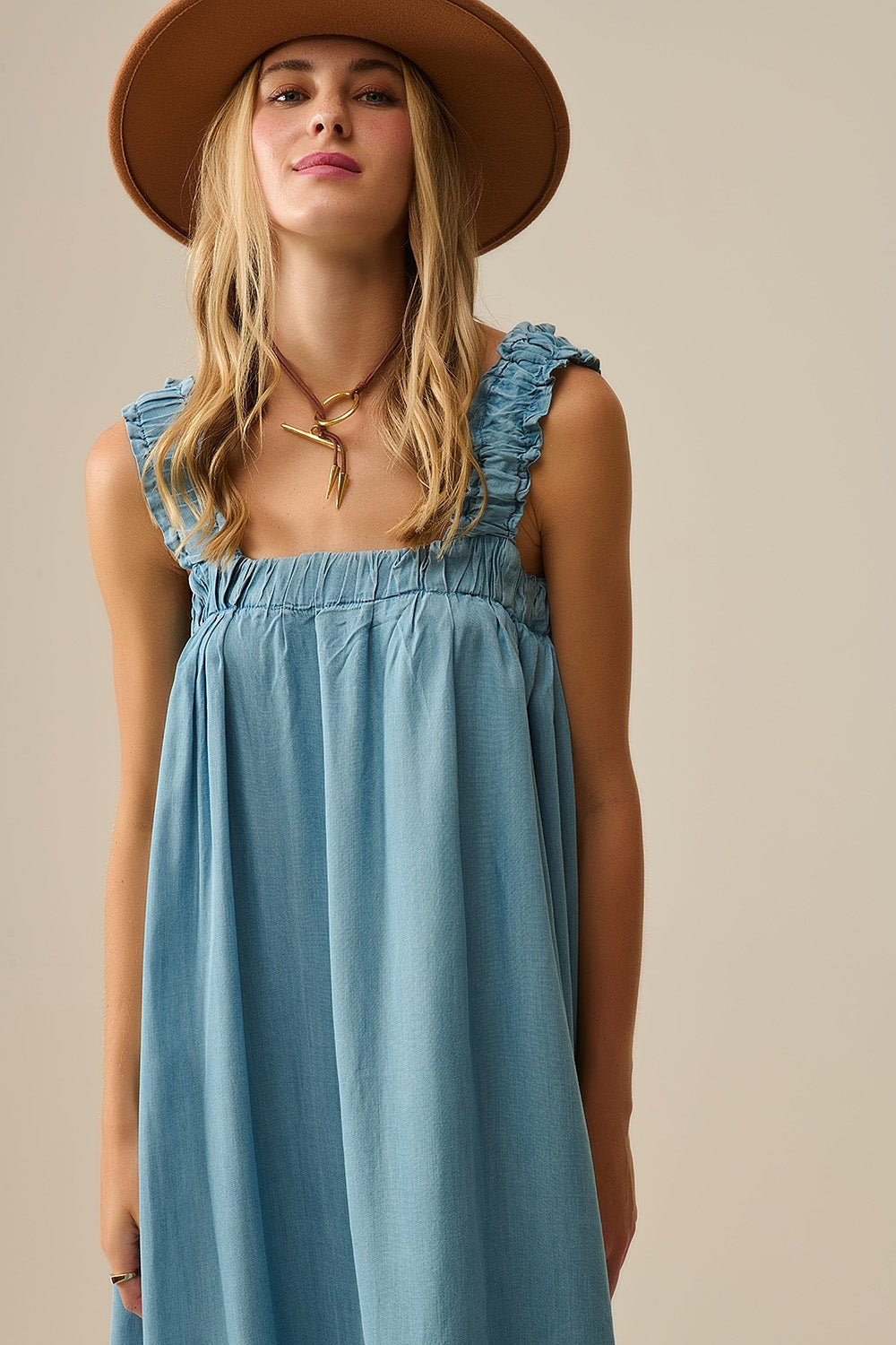 Light Blue Maxi Dress with Ruffled Straps in Tencel Fabric