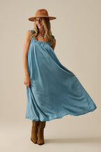 Light Blue Maxi Dress with Ruffled Straps in Tencel Fabric