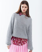 Light Grey Chunky Knit Sweater with Balloon Sleeves