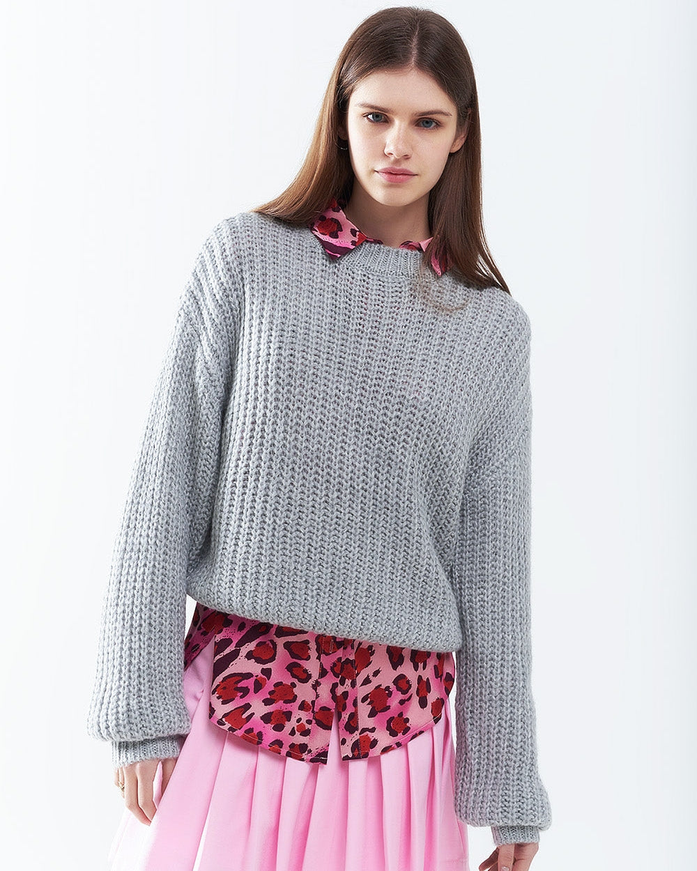 Light Grey Chunky Knit Sweater with Balloon Sleeves
