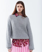 Light Grey Chunky Knit Sweater with Balloon Sleeves