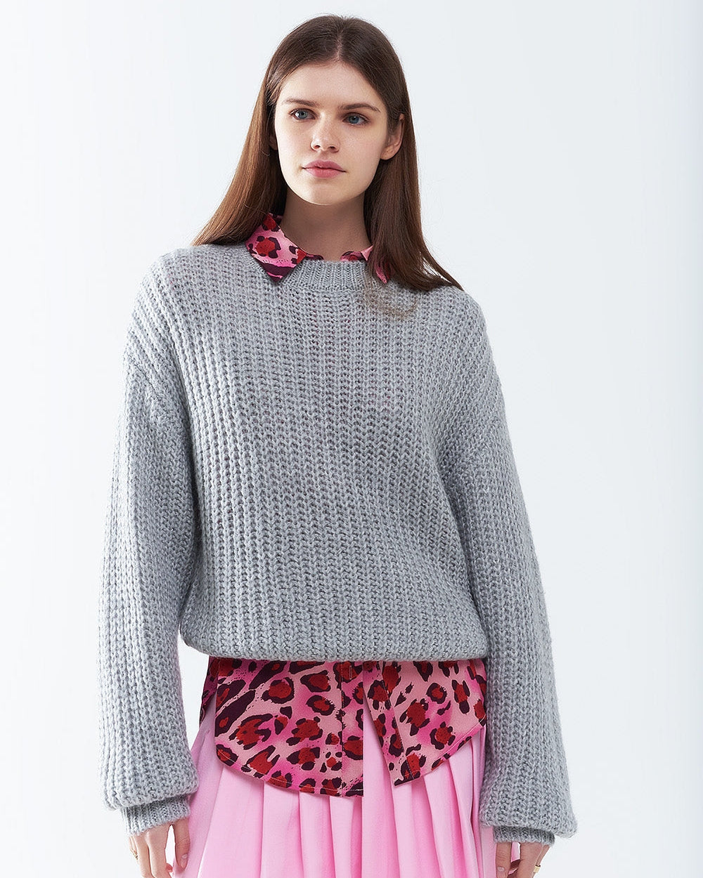 Light Grey Chunky Knit Sweater with Balloon Sleeves