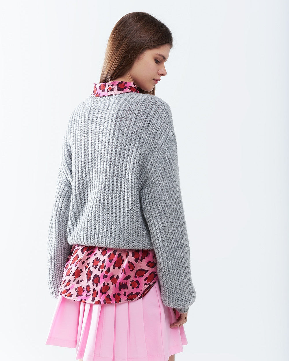 Light Grey Chunky Knit Sweater with Balloon Sleeves
