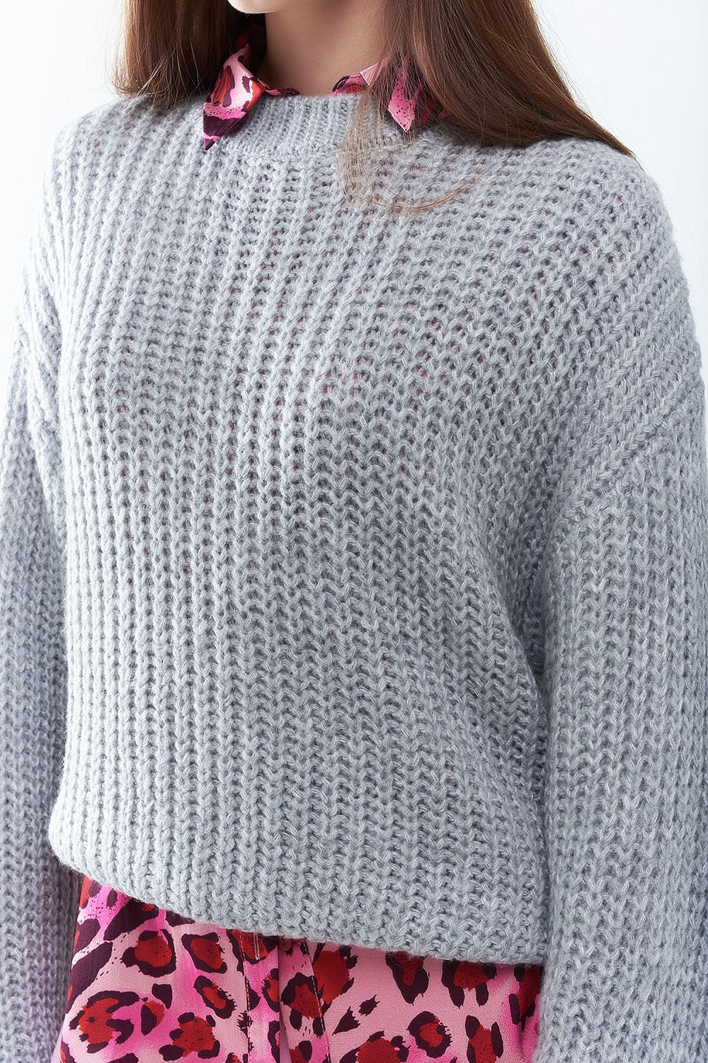 Light Grey Chunky Knit Sweater with Balloon Sleeves