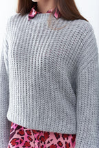 Light Grey Chunky Knit Sweater with Balloon Sleeves