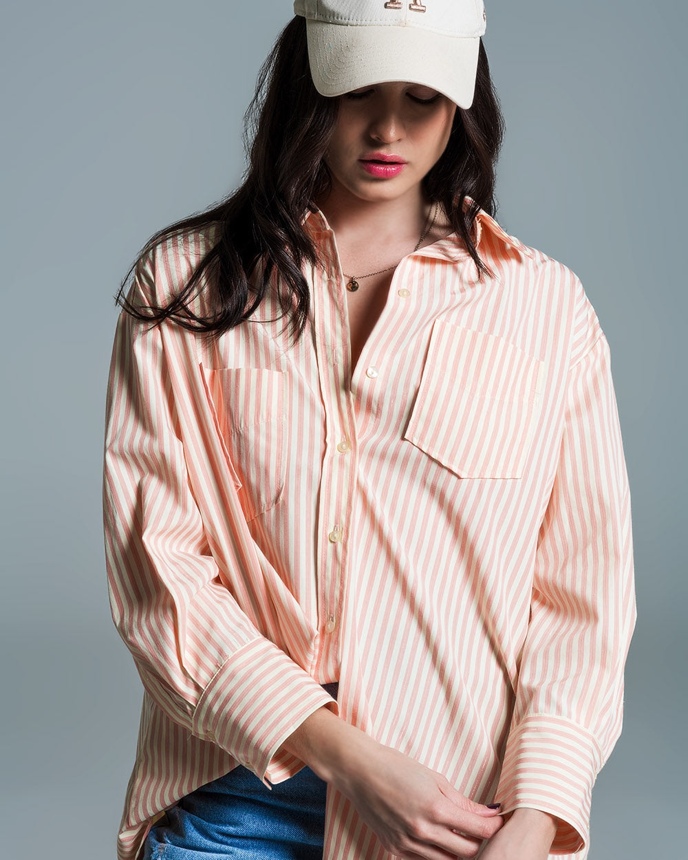 Light Orange Oversized Blouse with White Stripes