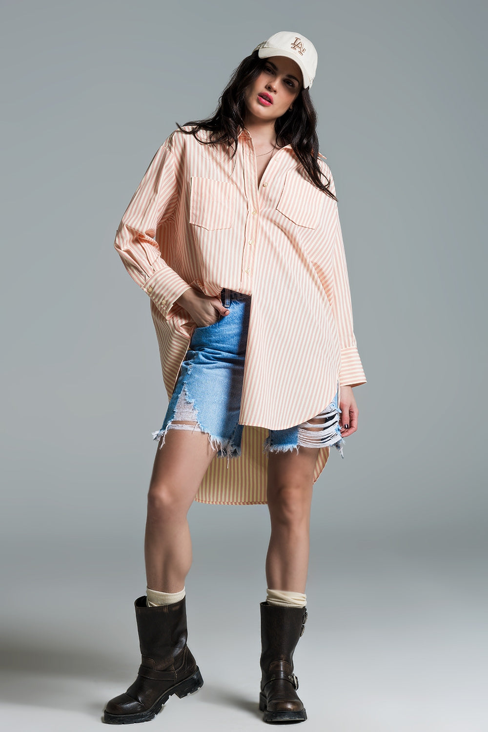Light Orange Oversized Blouse with White Stripes
