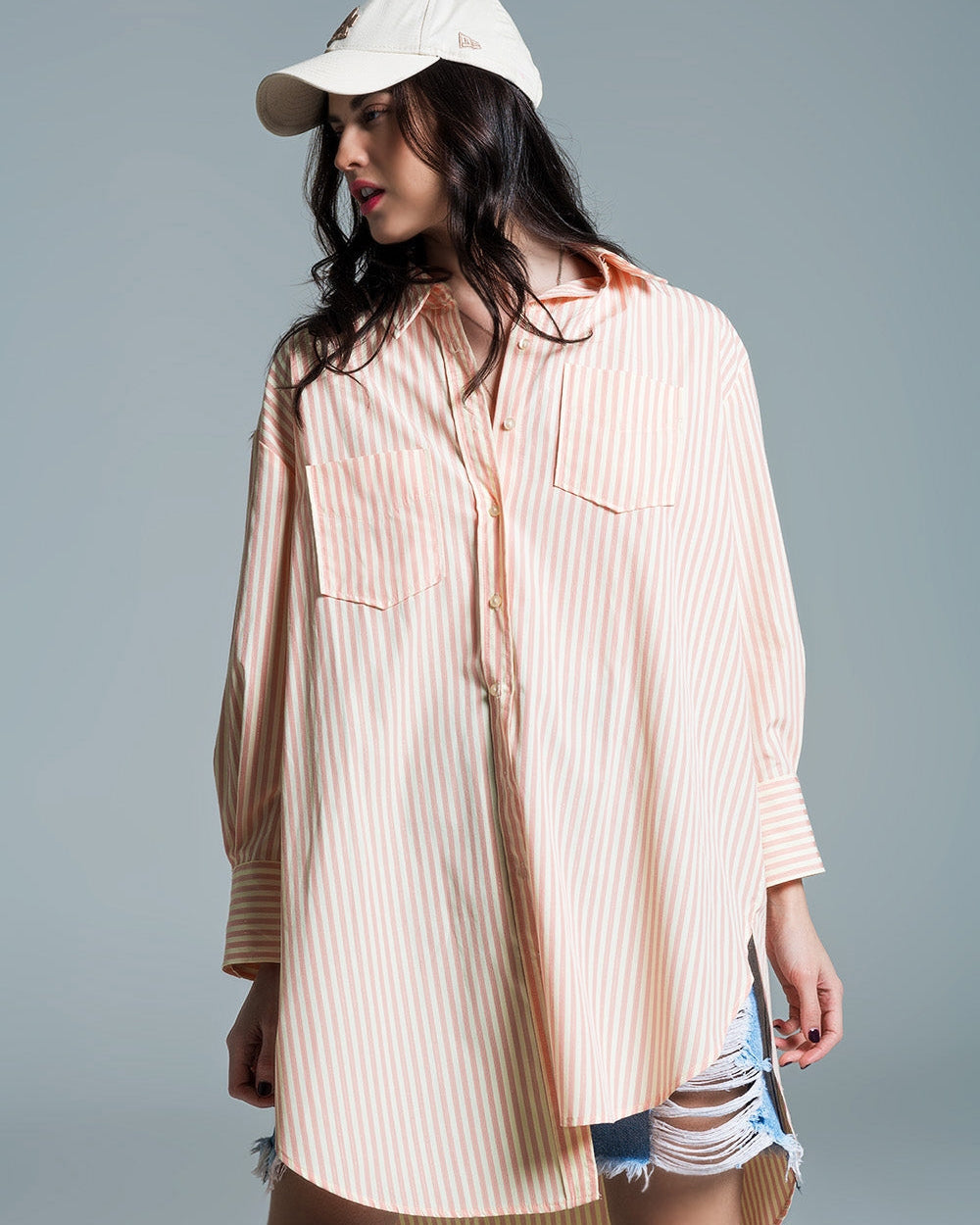 Light Orange Oversized Blouse with White Stripes