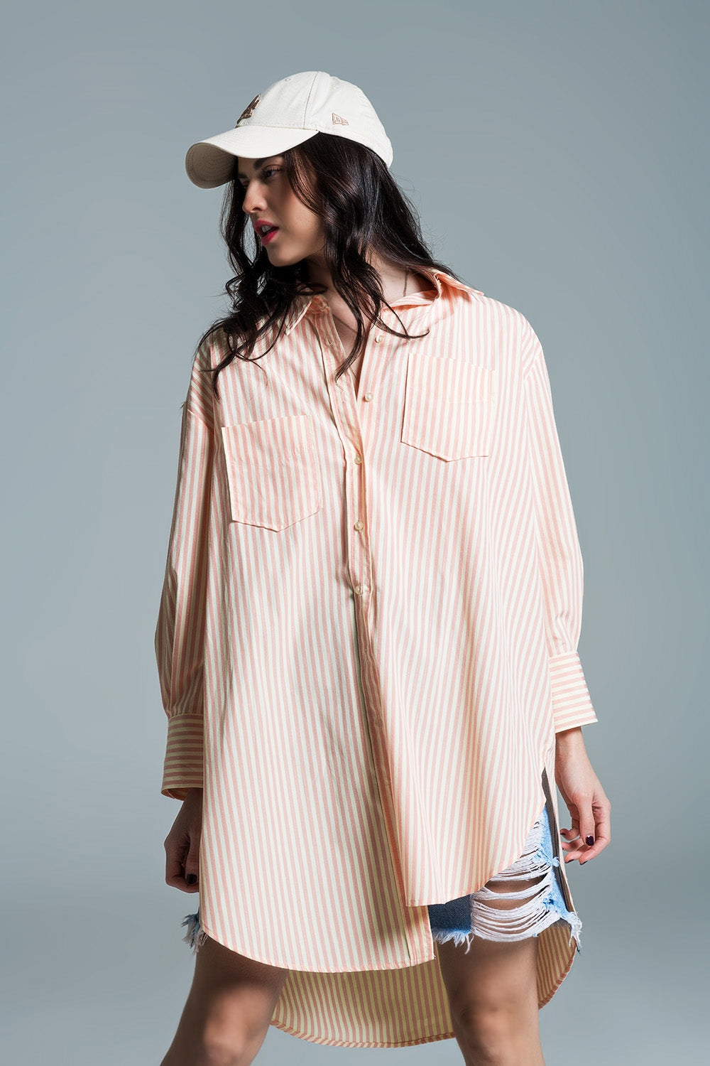 Light Orange Oversized Blouse with White Stripes