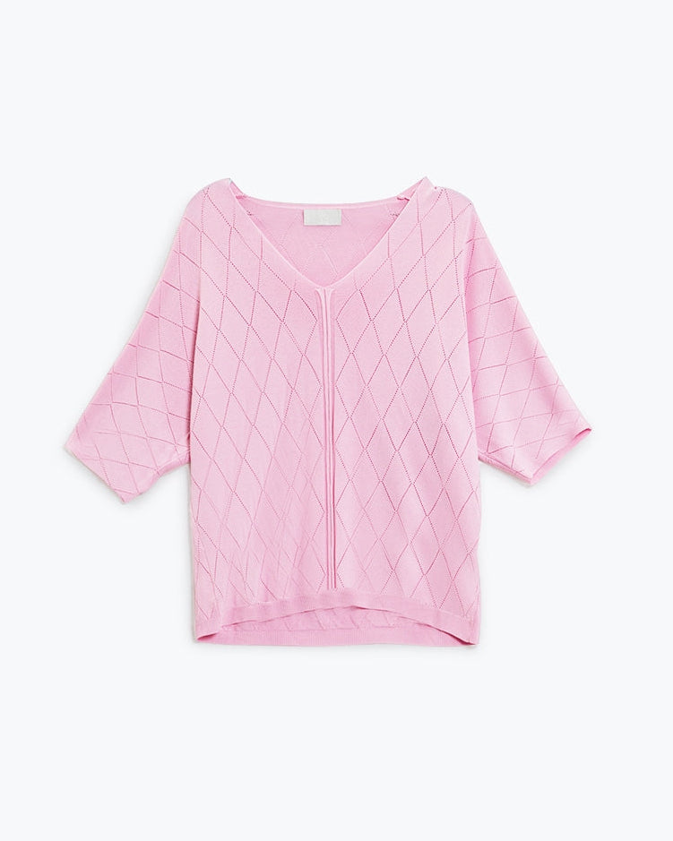 Light Pink Short Sleeve Sweater with Argyle Pattern