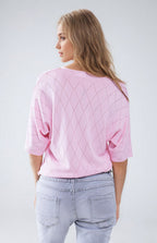 Light Pink Short Sleeve Sweater with Argyle Pattern