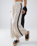 Linen Contrast Scallop Trim Pants in Beige