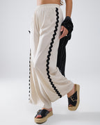 Linen Contrast Scallop Trim Pants in Beige