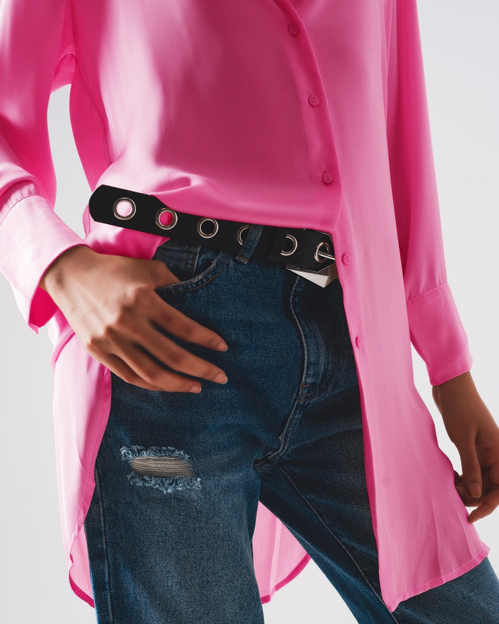 Long Sleeve Satin Button Front Shirt in Pink