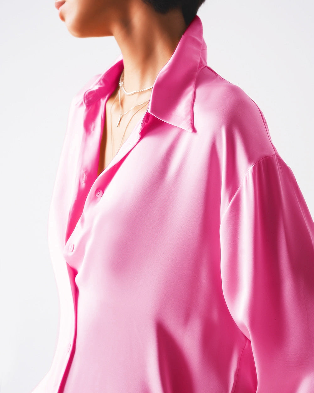 Long Sleeve Satin Button Front Shirt in Pink