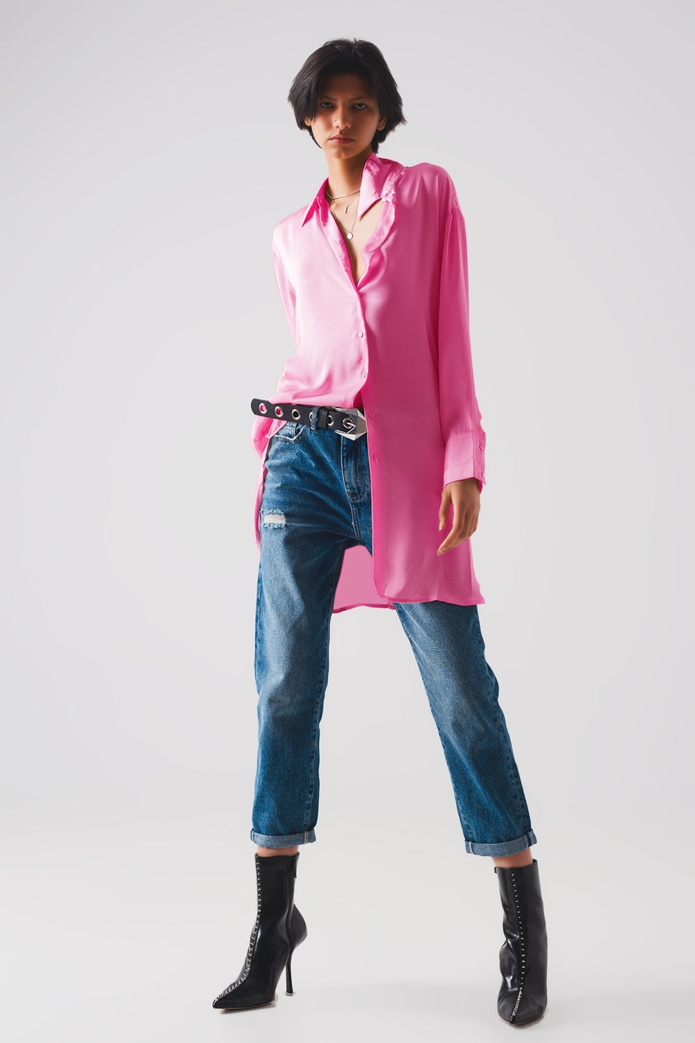 Long Sleeve Satin Button Front Shirt in Pink