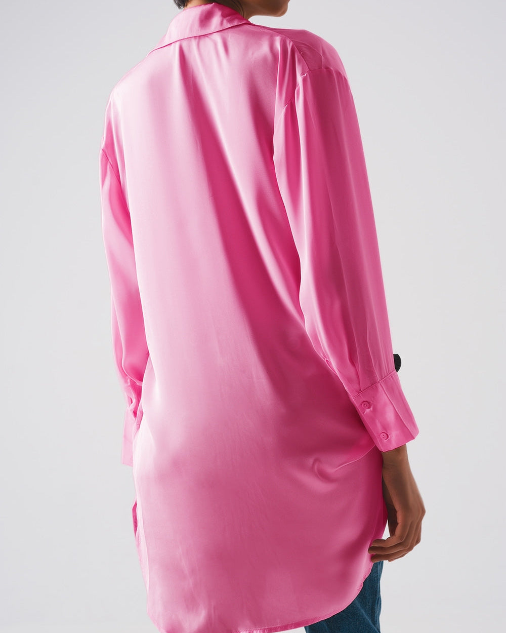 Long Sleeve Satin Button Front Shirt in Pink
