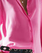 Long Sleeve Satin Button Front Shirt in Pink