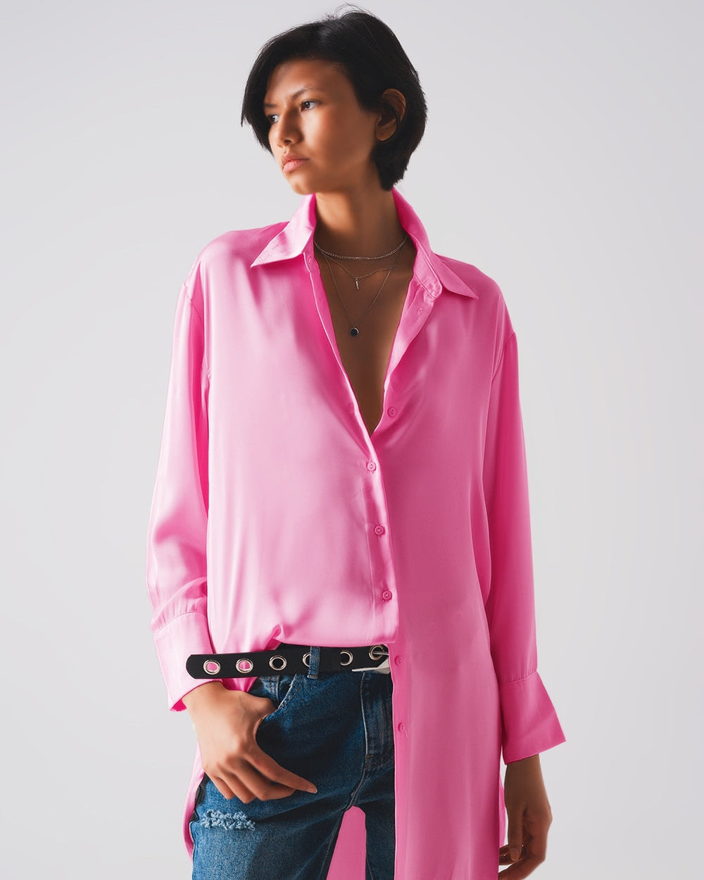 Long Sleeve Satin Button Front Shirt in Pink