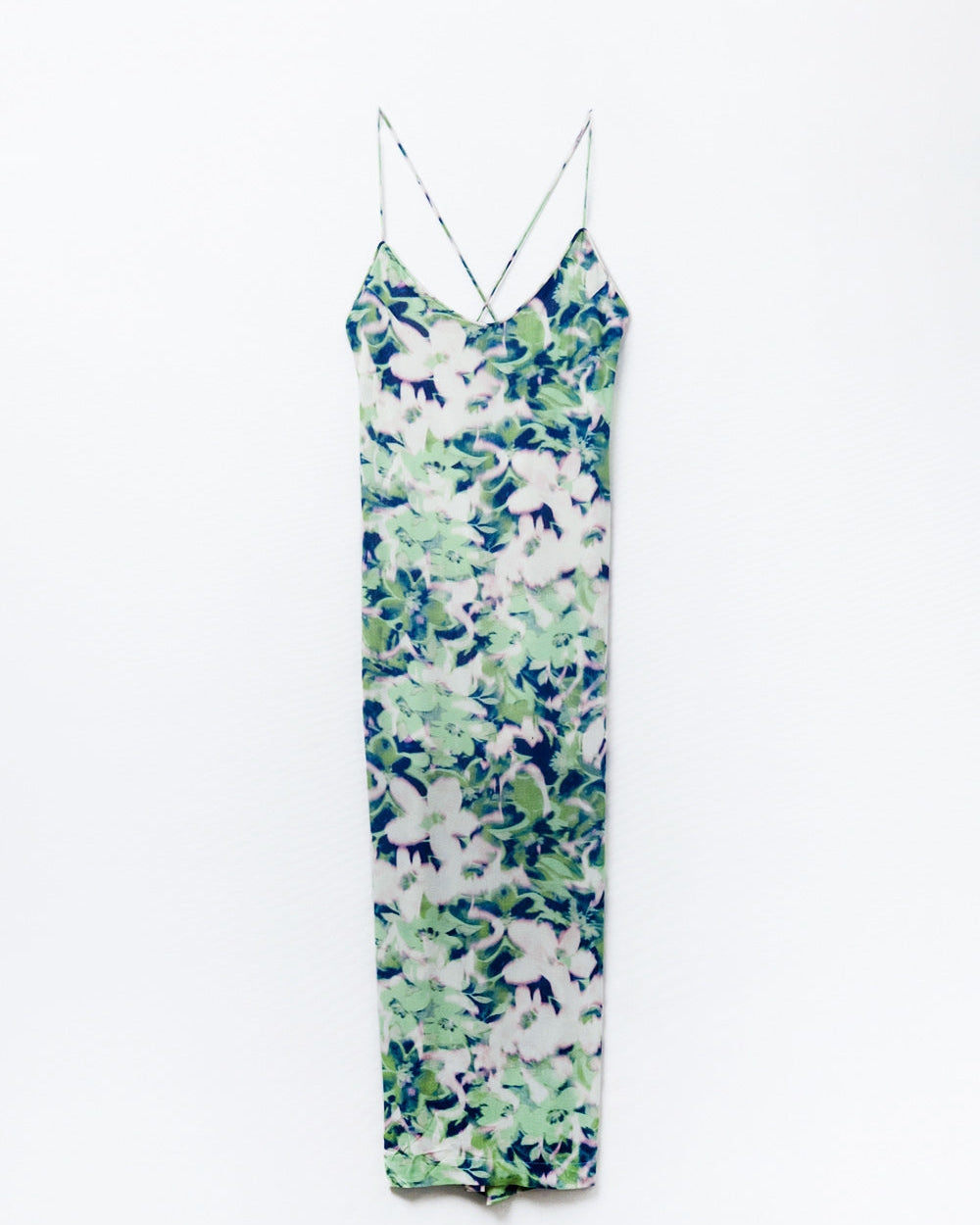 Long Green Floral Print Dress with Wide Back Neckline