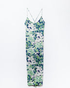 Long Green Floral Print Dress with Wide Back Neckline