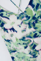 Long Green Floral Print Dress with Wide Back Neckline