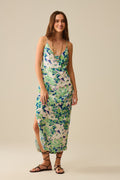 Long Green Floral Print Dress with Wide Back Neckline