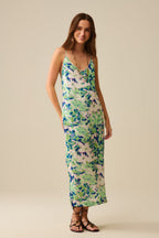 Long Green Floral Print Dress with Wide Back Neckline