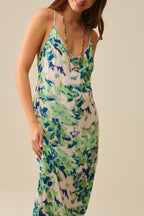 Long Green Floral Print Dress with Wide Back Neckline