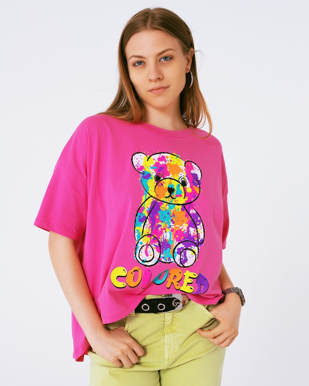 Loose-Fitting Fuchsia T-Shirt with Colored Bear