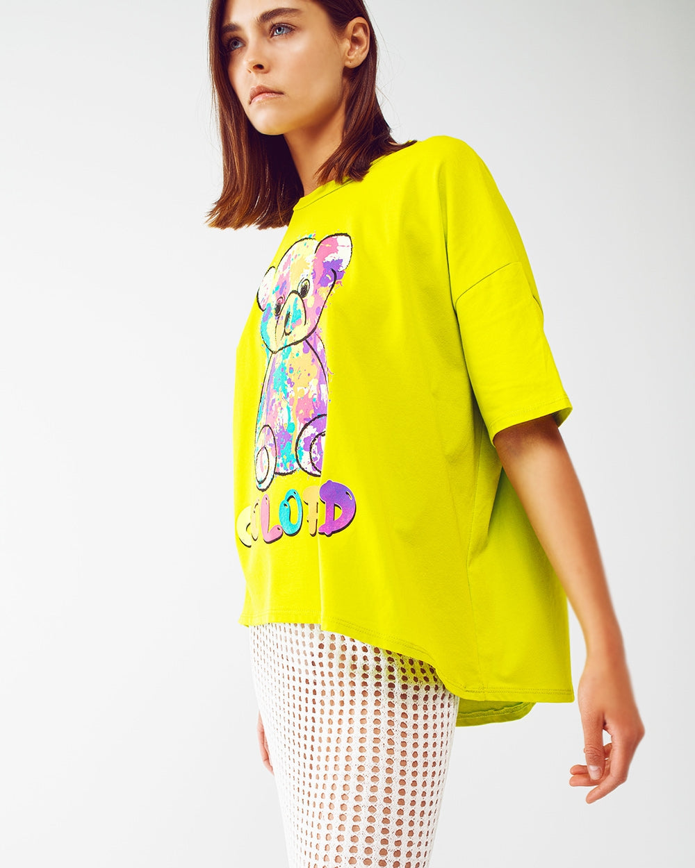 Loose-Fitting Lime T-Shirt with Colored Bear