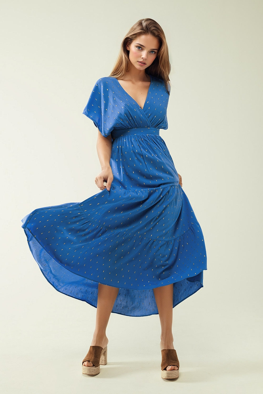 Loose Maxi Blue Dress with Golden Details
