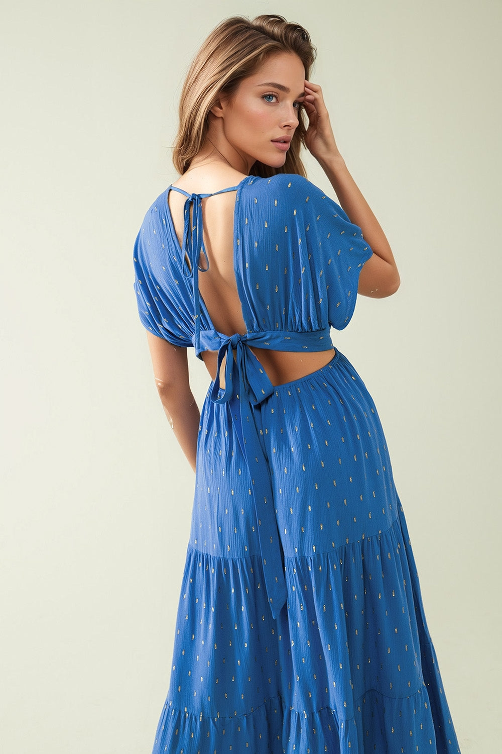 Loose Maxi Blue Dress with Golden Details
