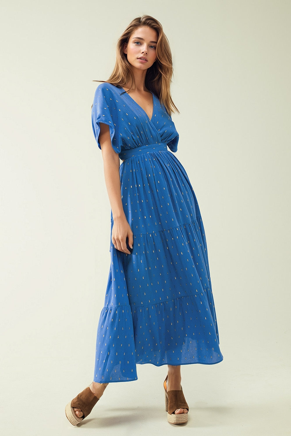 Loose Maxi Blue Dress with Golden Details