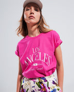 Los Angeles Slogan T-Shirt in Fuchsia