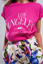 Los Angeles Slogan T-Shirt in Fuchsia