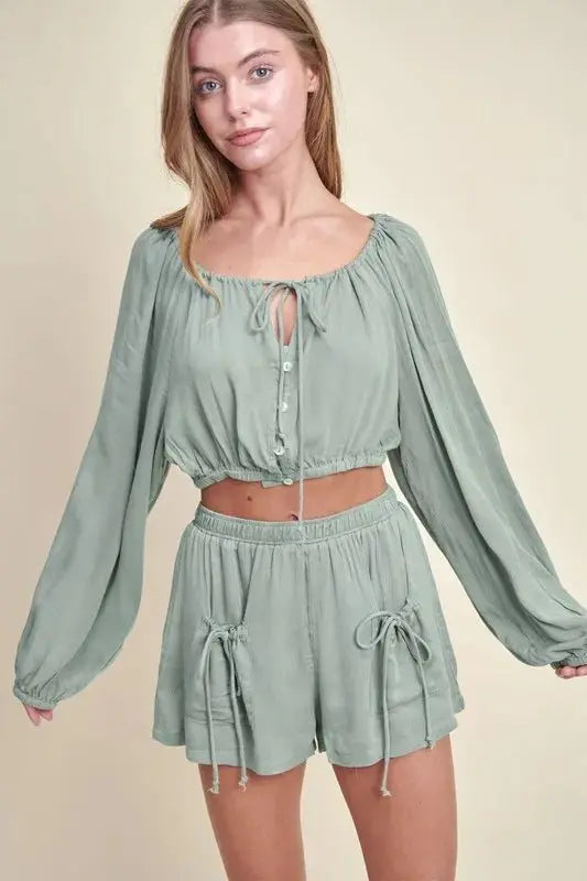 Gauze Fabric Casual Two-Piece Crop Top & Bottoms Outfit Set | Sage