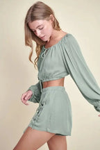 Gauze Fabric Casual Two-Piece Crop Top & Bottoms Outfit Set | Sage