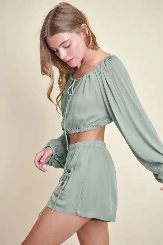 Gauze Fabric Casual Two-Piece Crop Top & Bottoms Outfit Set | Sage